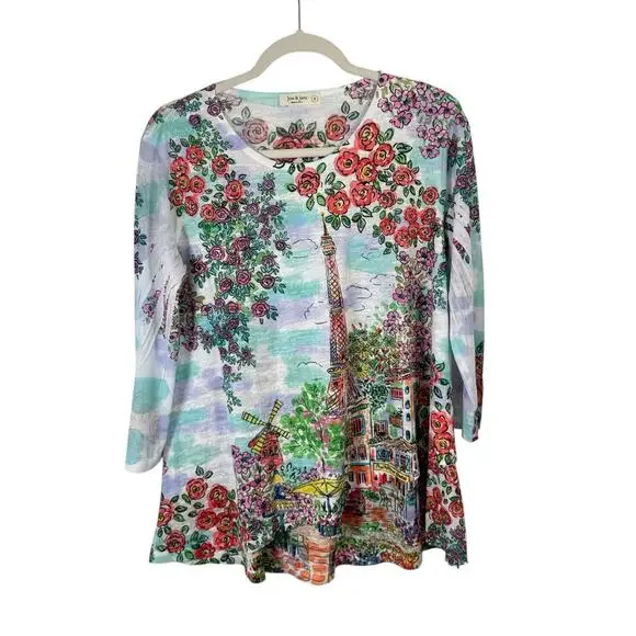 Jess & Jane French Paris Cafe Long Sleeve Tunic T-Shirt Artsy Womens Small - Picture 2 of 6